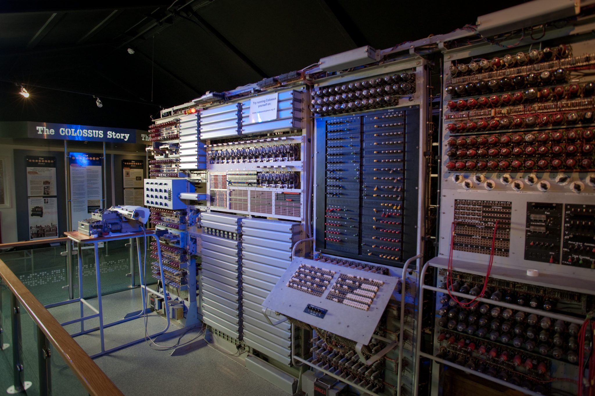 Photograph of a Colossus replica housed at the National Museum of Computing