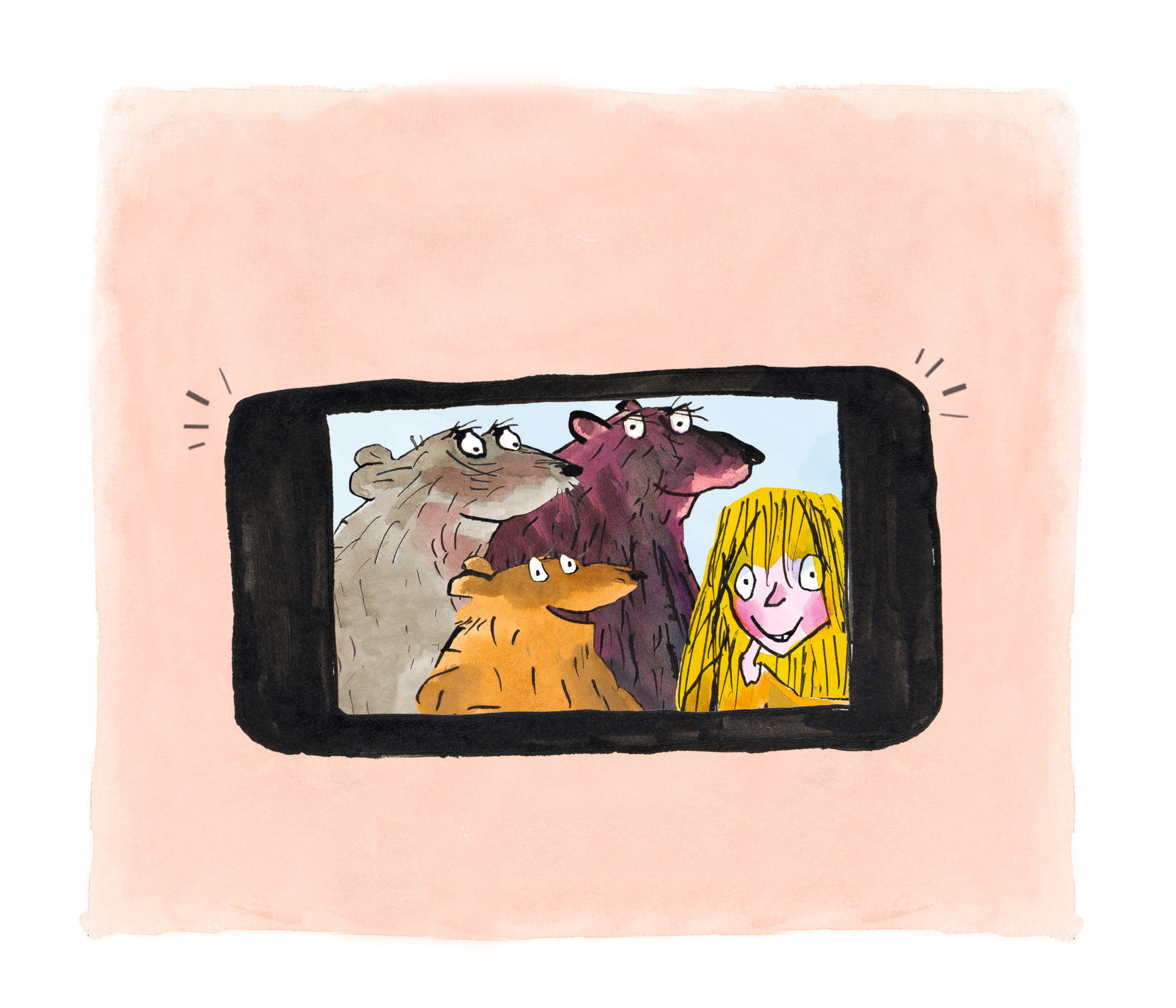 Drawing shows a selfie of #Goldilocks and the three bears, illustrated by Tony Ross.