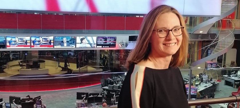 Helen Lamprell in the BBC's New Broadcasting House news room