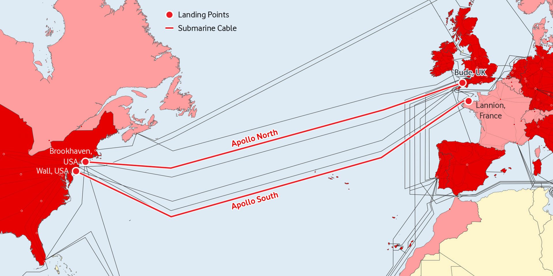 A map of Vodafone's Apollo North and South transatlantic fibre optic cables