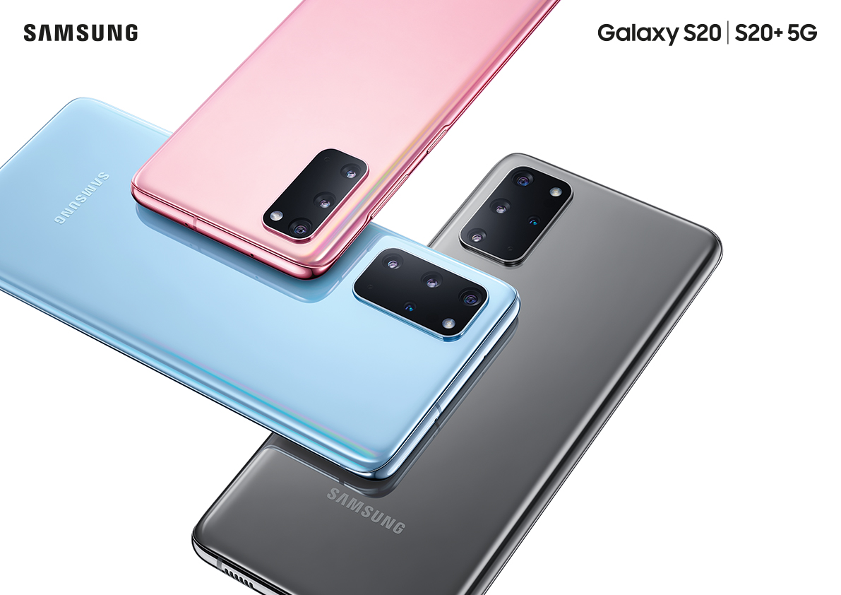 The Samsung Galaxy S20 is available in pink, blue and grey.