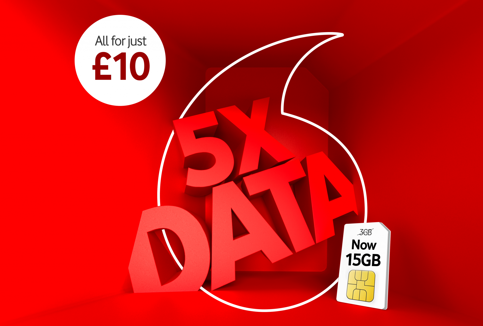 image promoting Vodafone UK's 5 times Pay As You Go mobile data offer