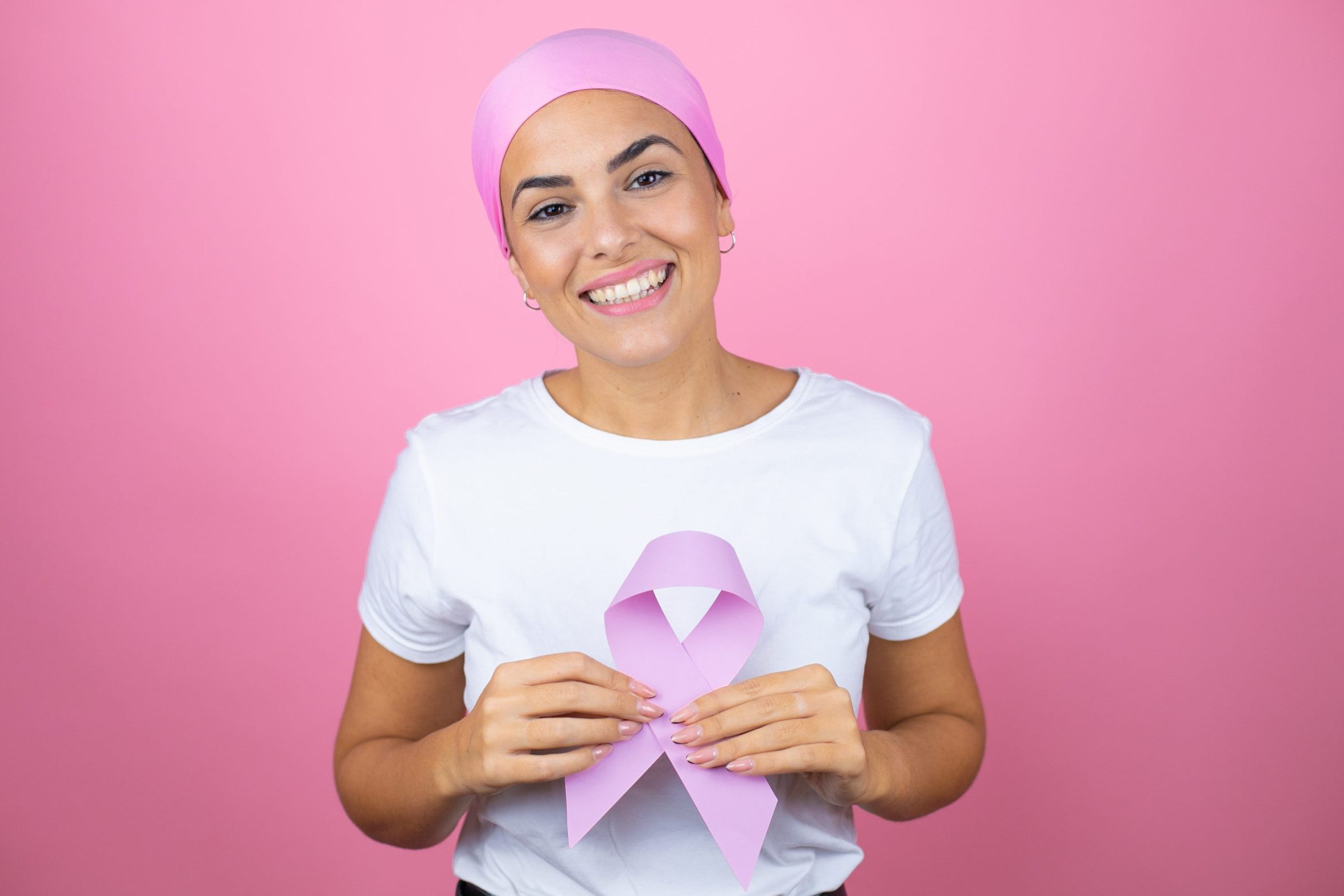 Young woman breast cancer ribbon