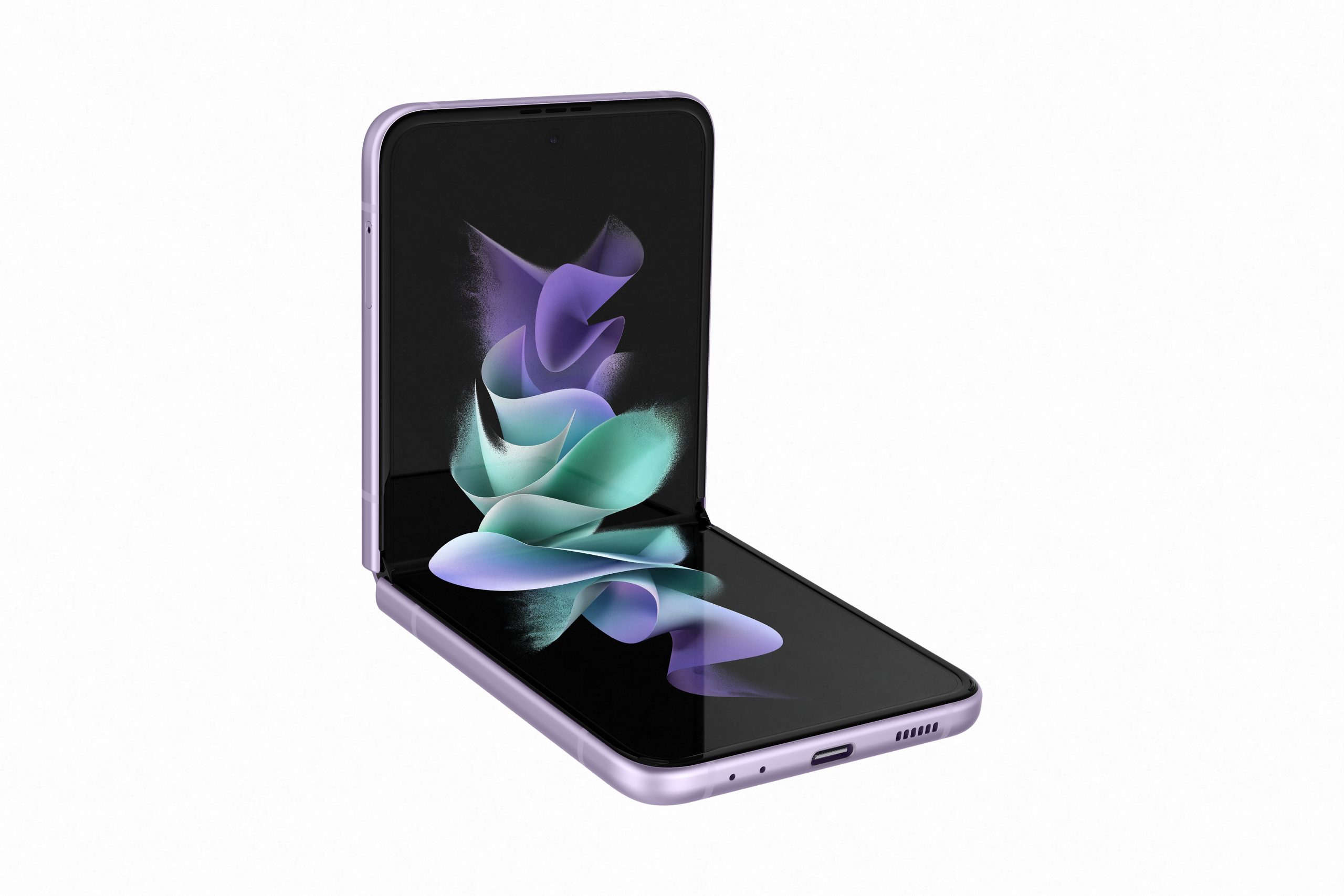 an illustrative image of the Samsung Galaxy Z Flip3 flipped open and placed on a tabletop