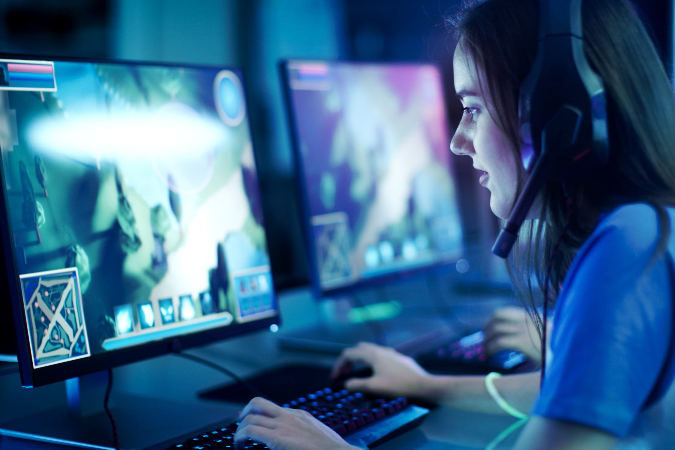 Young woman playing video game