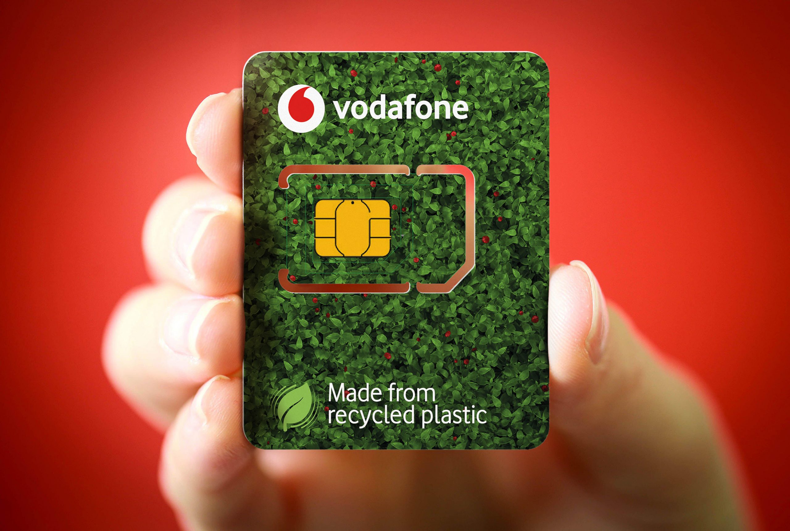 illustrative photo of a Vodafone Eco-SIM card made from 100 per cent recycled plastic