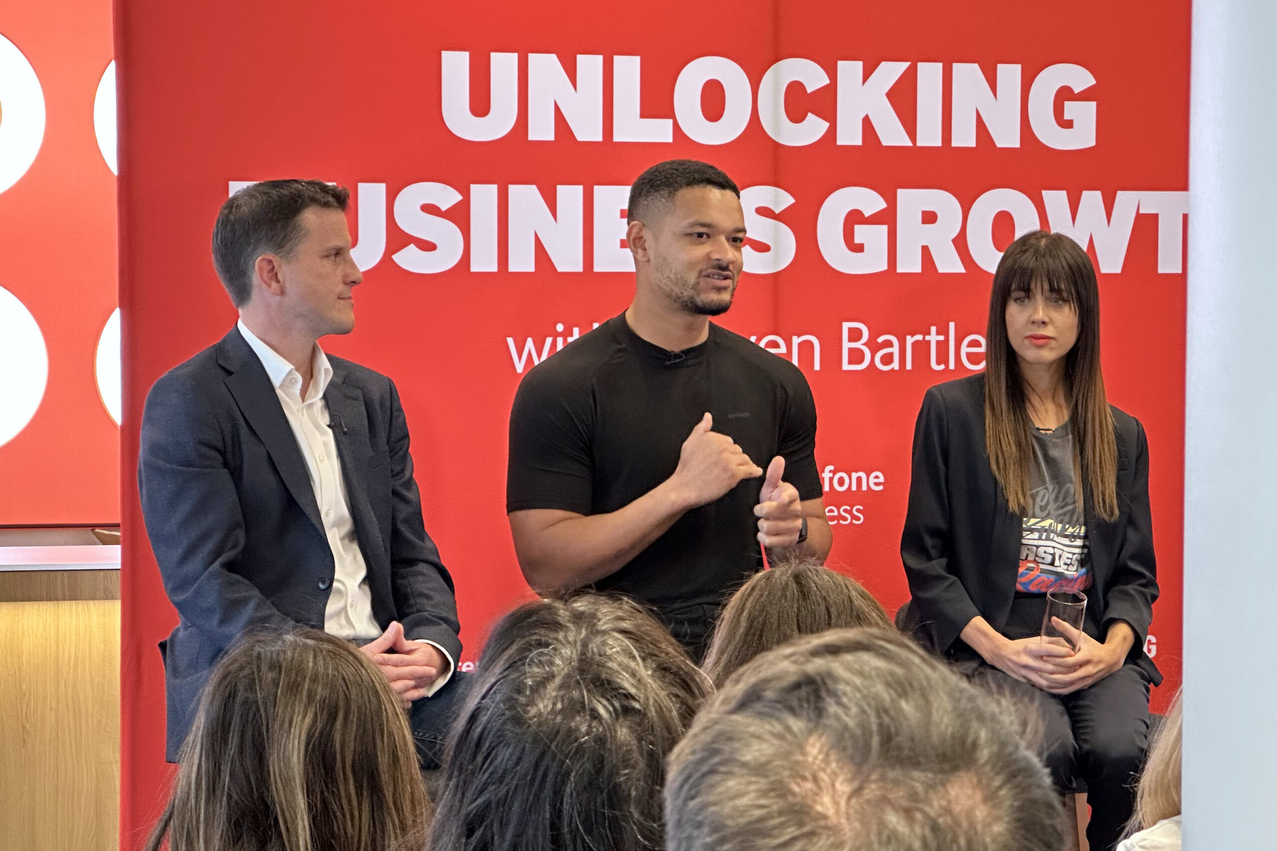 image of Andrew Stevens, Steven Bartlett and Kat Pither at a Vodafone Pulse Connect event