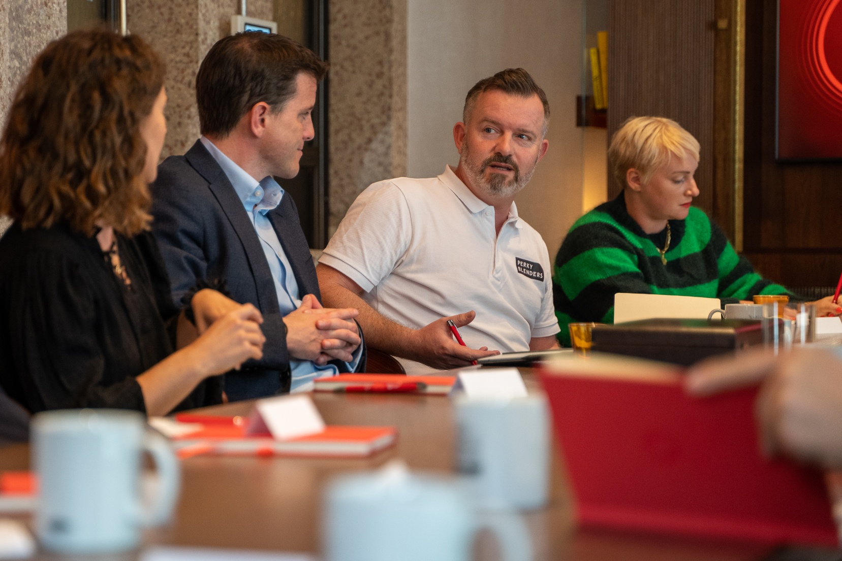 photo of Perky Blenders co-founder Adam Cozens speaking at a Vodafone-hosted roundtable for small businesses