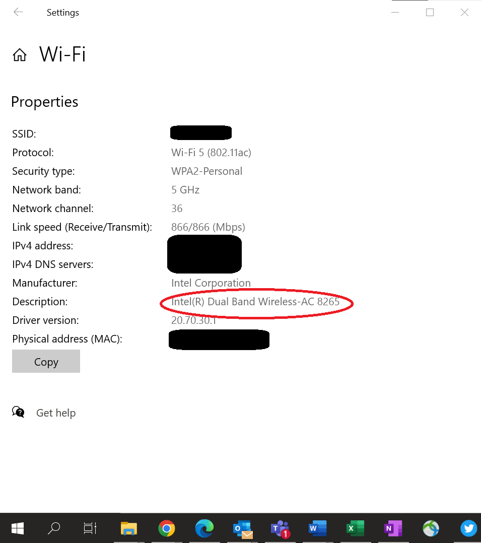 In this example, this Windows 10 computer has WiFi 5-capable hardware built-in.