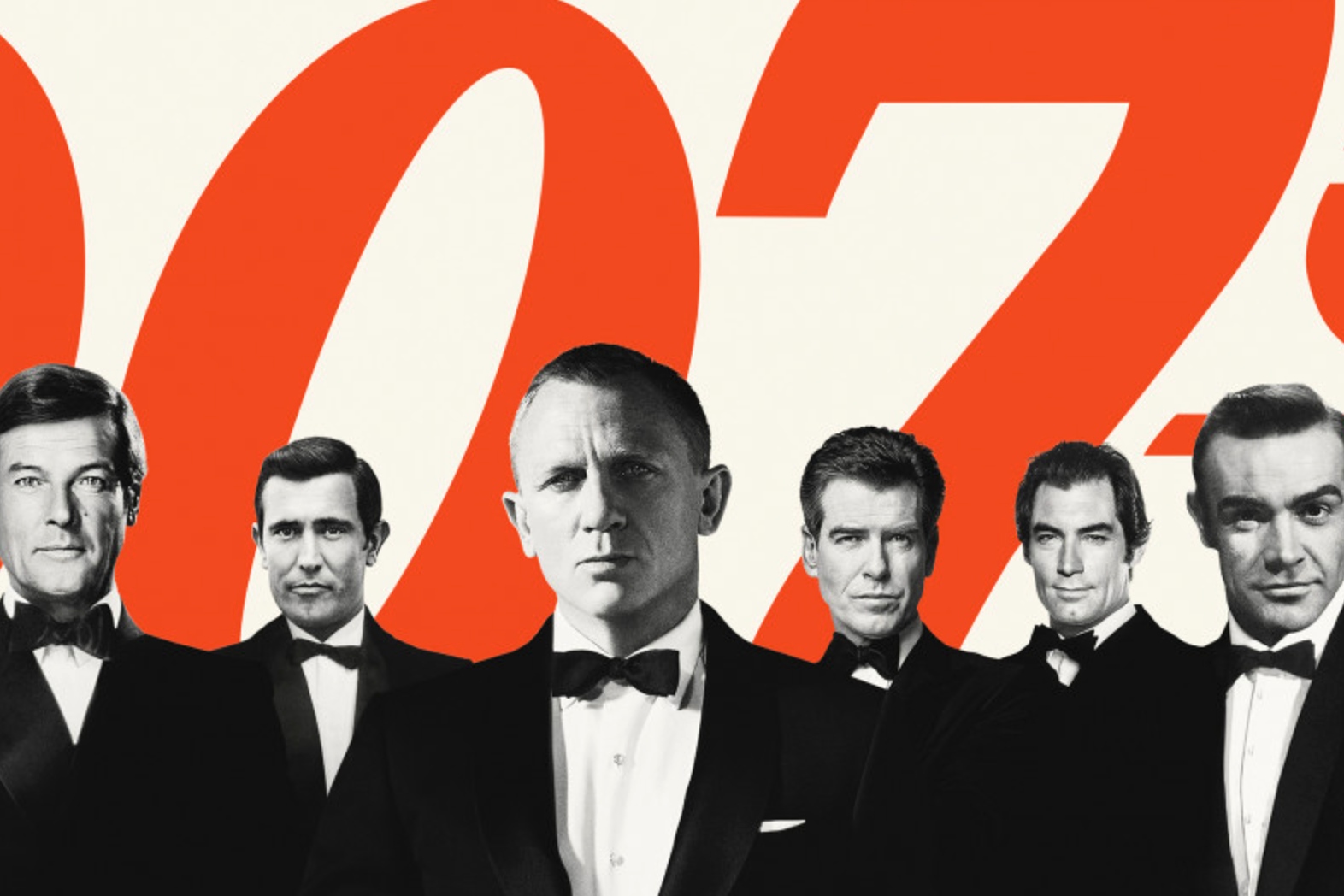 stylised image of all the actors to play James Bond with the 007 logo behind them