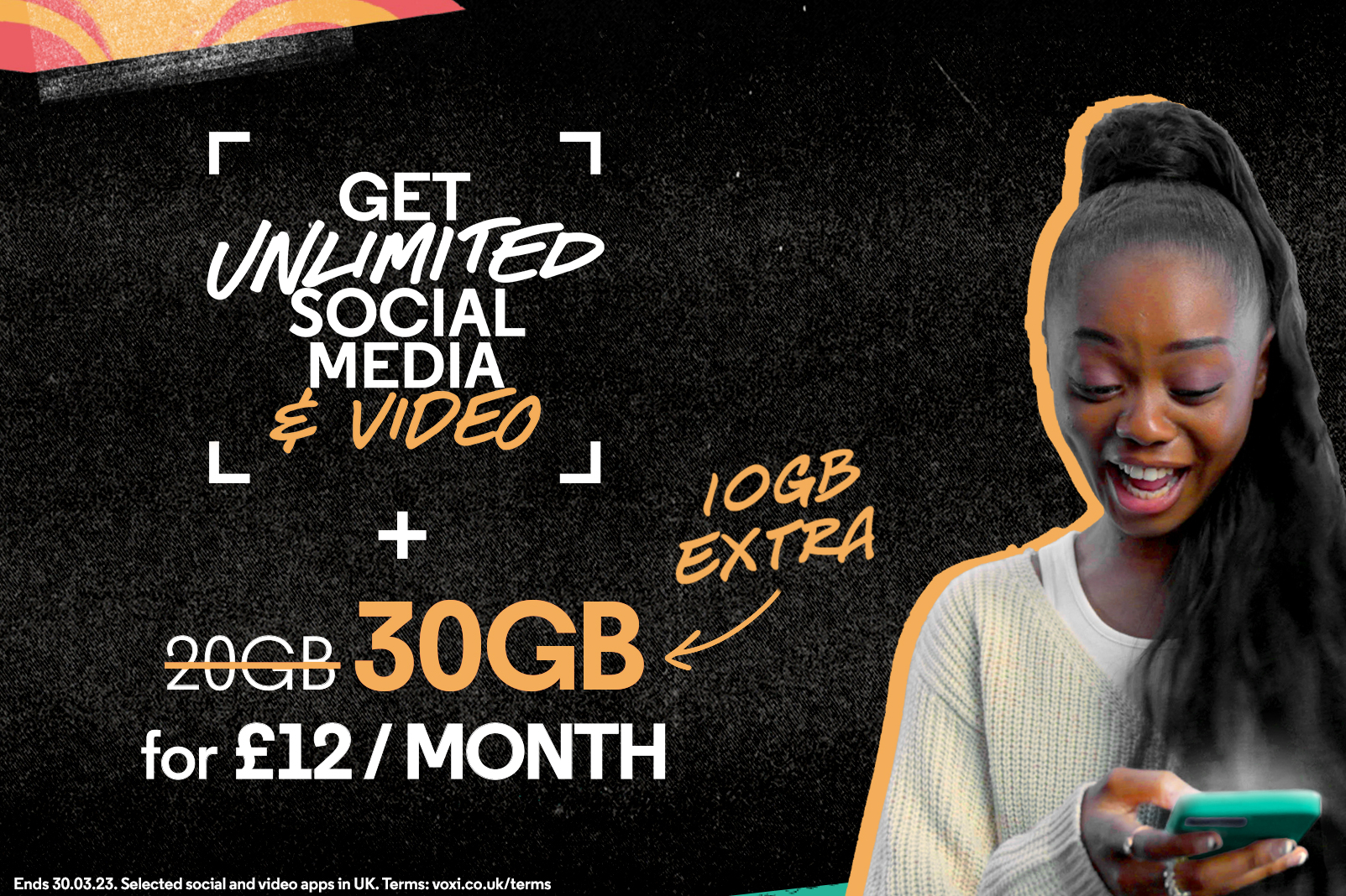 image from VOXI promoting a 30GB 5G plan for the price of 20GB