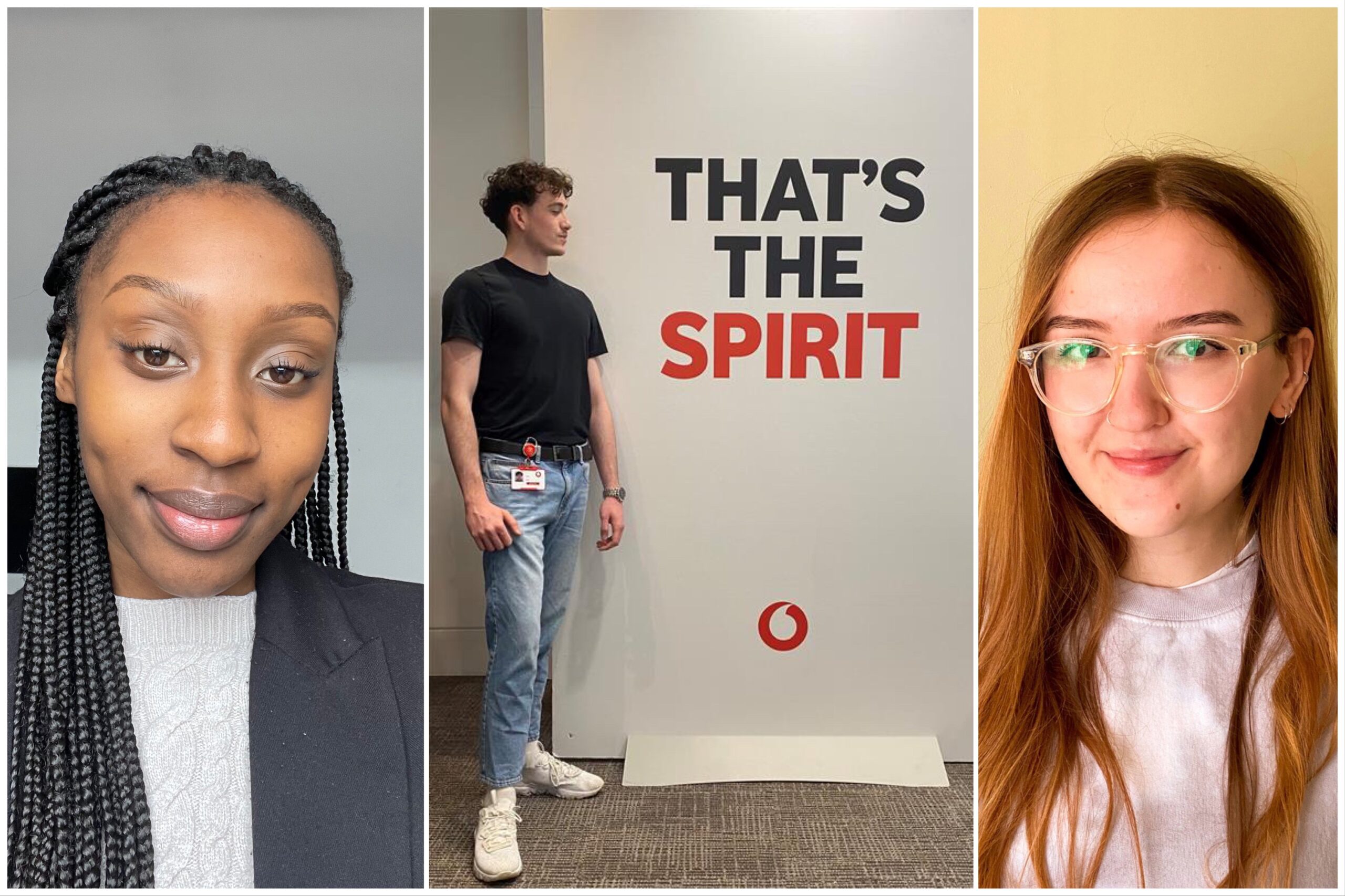 collaged photo showing three Vodafone UK apprentices side-by-side