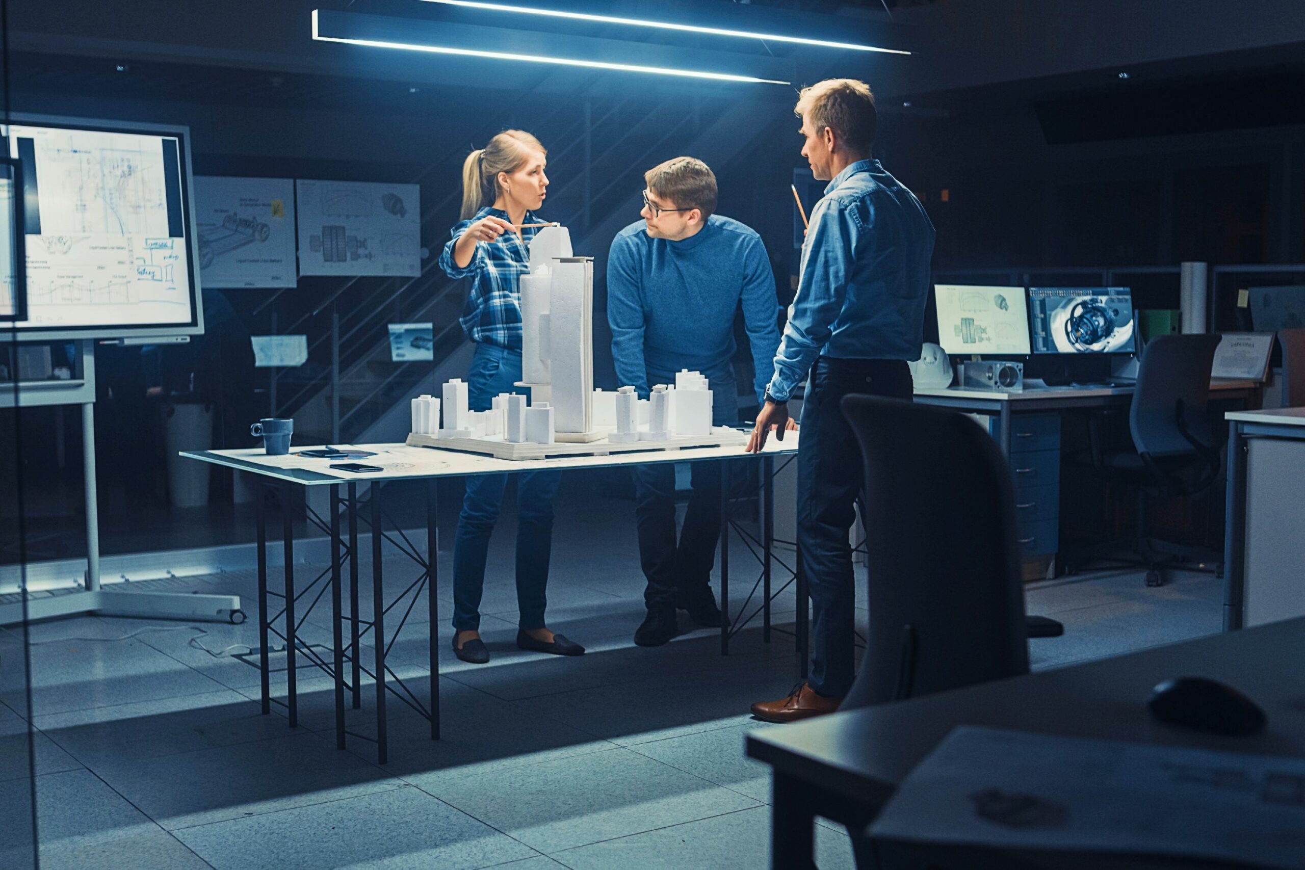 stock image of city planners looking at a model of a city while surrounded by computers and screens