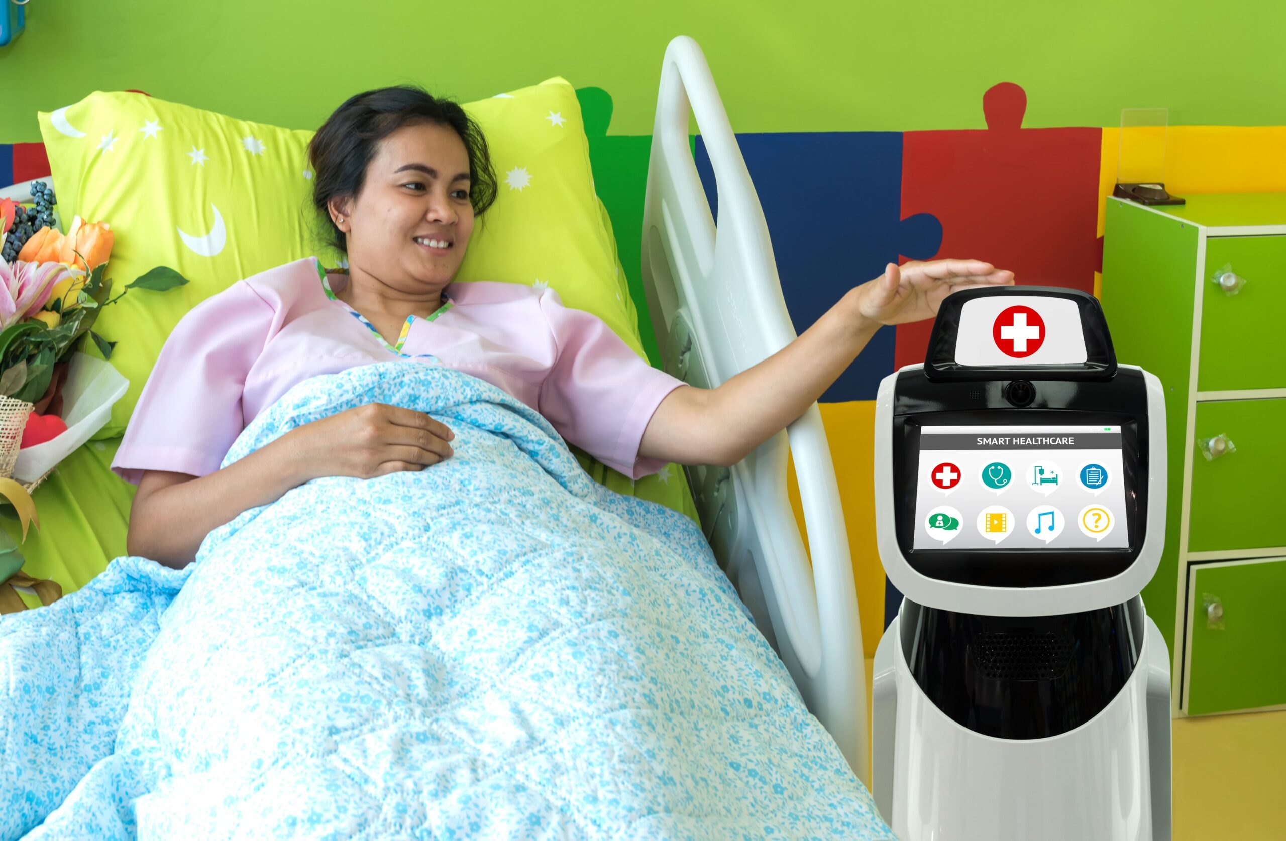 Female patient interacting with hospital robot