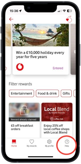 screenshot from the My Vodafone app showing a small selection of the rewards available through VeryMe