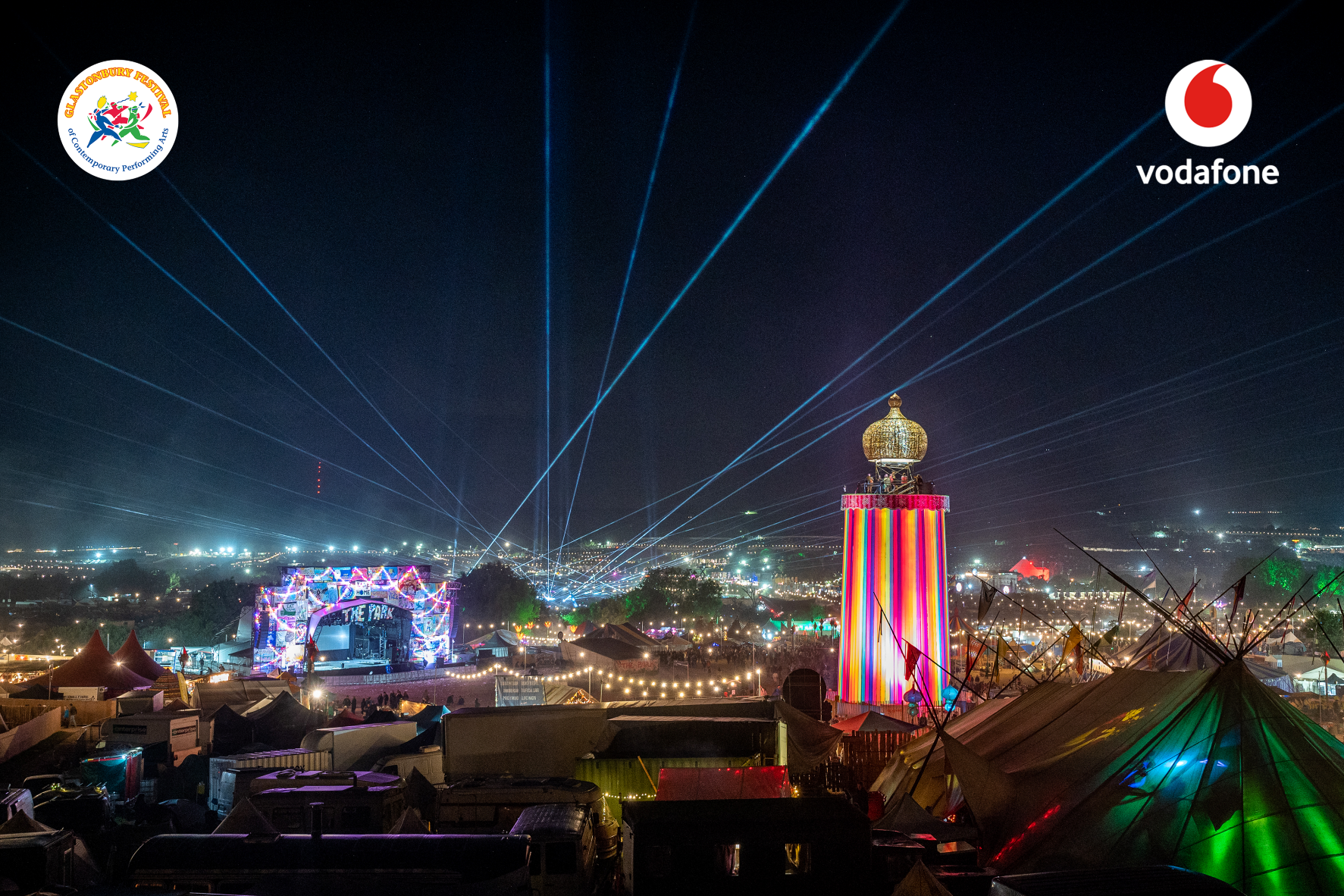 Vodafone Glastonbury Partnership - aerial shot of the festival at night