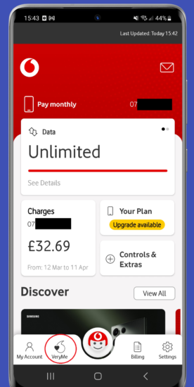 screenshot showing the My Vodafone app running on a Samsung Galaxy S20 with the VeryMe button highlighted