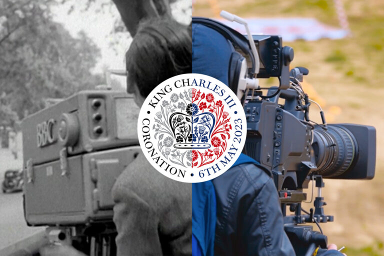 [Left] A BBC camera is tested in preparation for filming the Coronation procession in 1953. [Right] A modern broadcast camera.