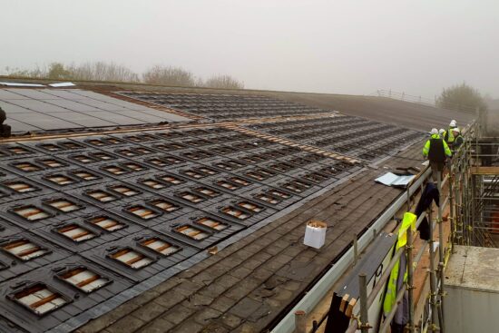 The rooftop solar panels being installed at the Vodafone MTX facility in Gloucester.