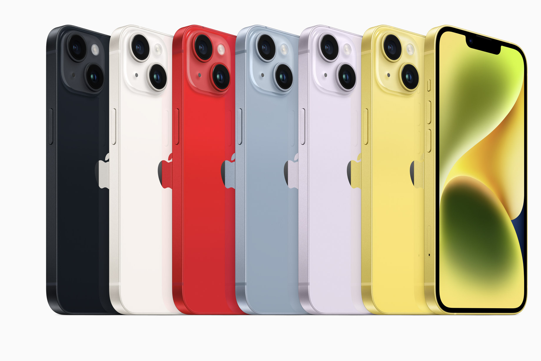 promotional image showing the Apple iPhone 14 in a range of colours