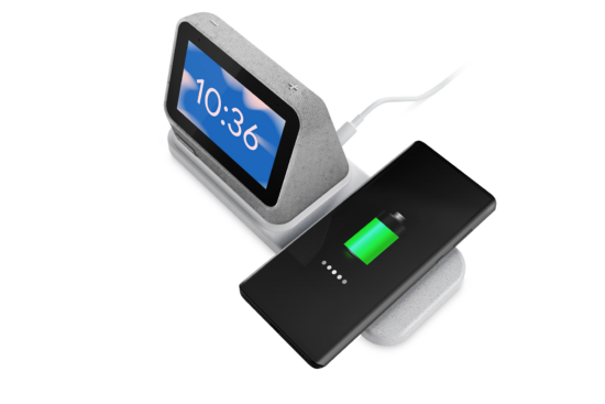 photo of a Lenovo Smart Clock 2 charging an Android smartphone