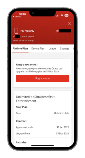 screenshot of the My Vodafone app showing example Vodafone EVO Airtime Plan details