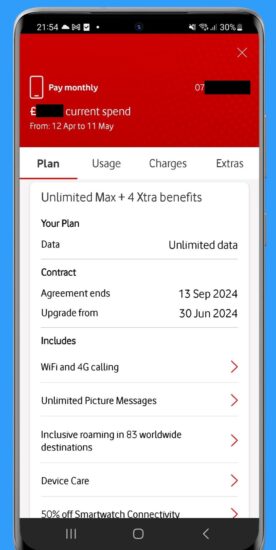 screenshot of the My Vodafone app showing example Vodafone SIM-only plan details