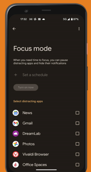 screenshot of the Focus mode settings on a Google Pixel Android smartphone
