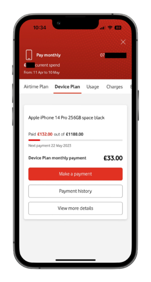 screenshot of the My Vodafone app showing example Vodafone EVO Device Plan details