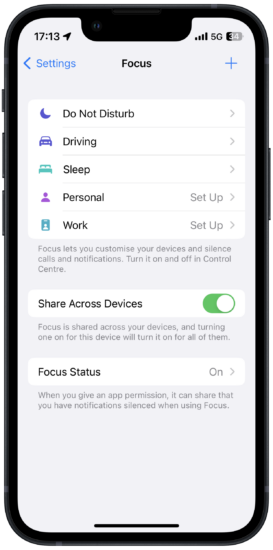 screenshot of the Focus mode settings on an iPhone 13 mini