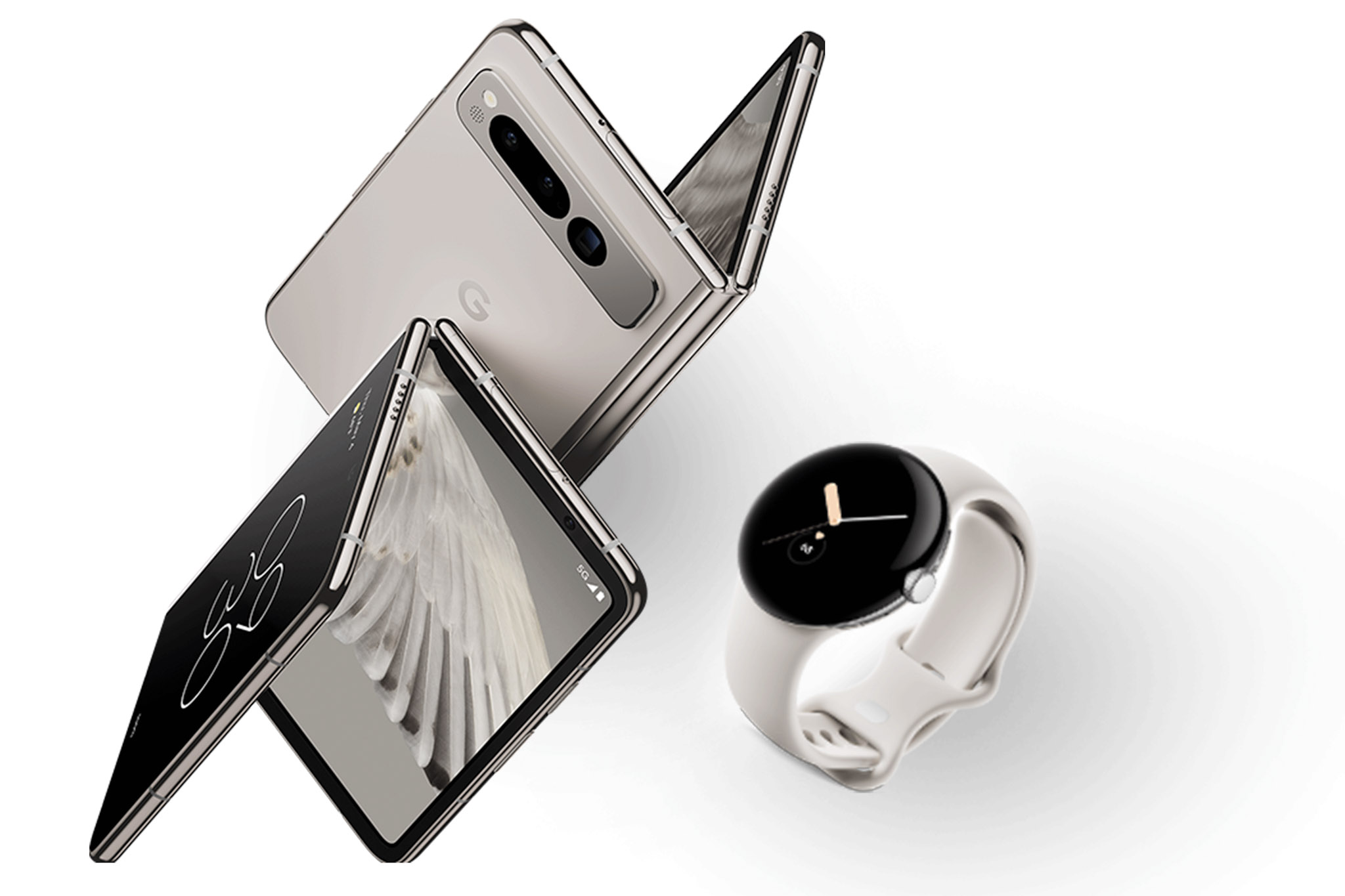 illustrative photo of the Google Pixel Fold Android smartphone and Google Pixel Watch