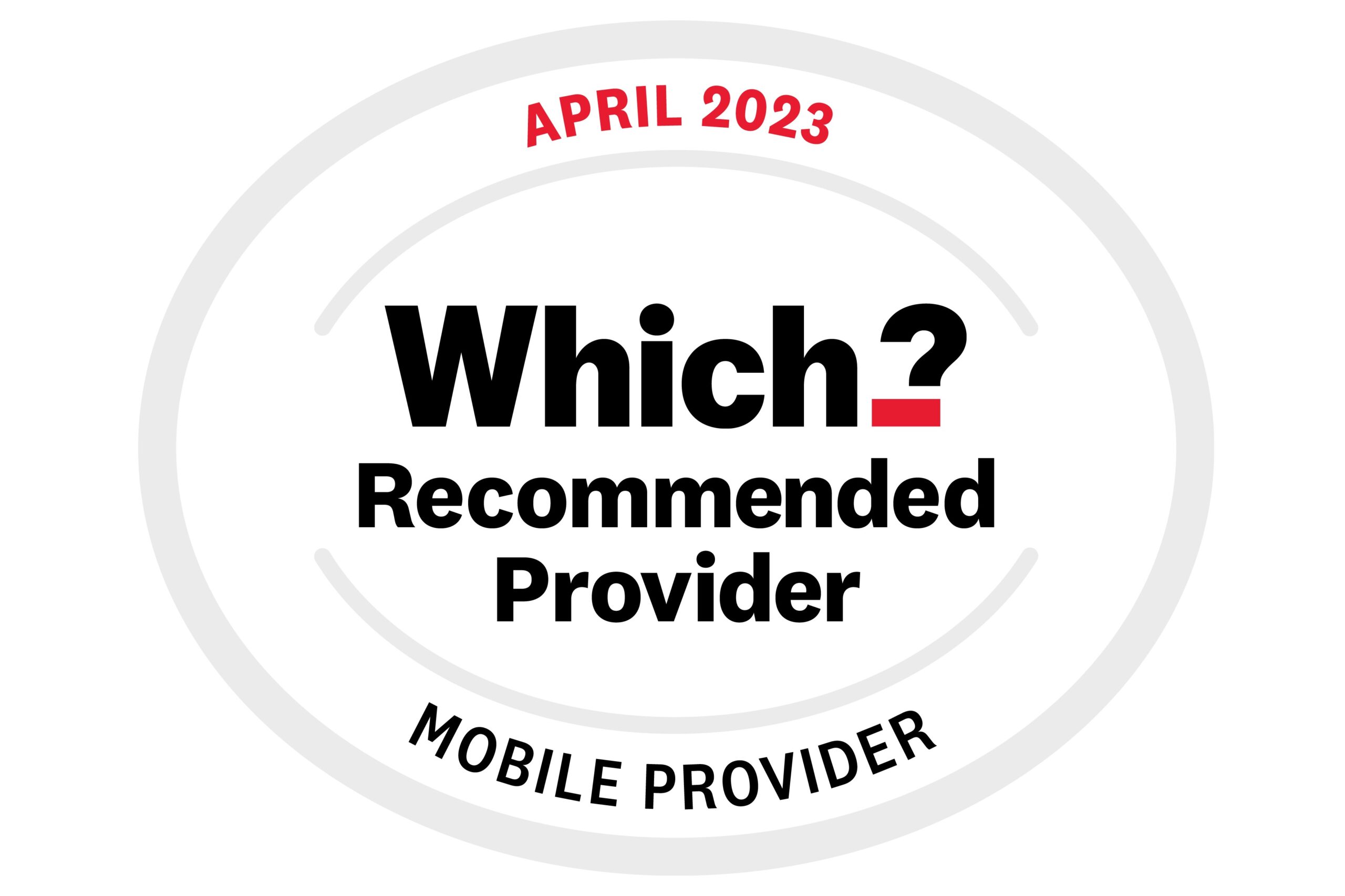logo from Which? magazine: 'Which? Recommended Provider - Mobile Provider - April 2023'