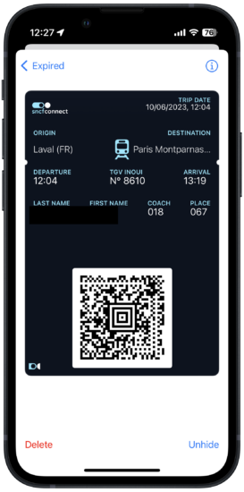 screenshot of a railway ticket in the Apple Wallet app running on an iPhone 13 mini