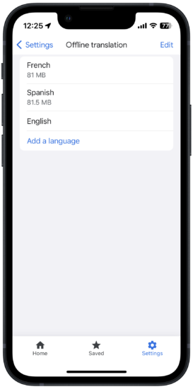 screenshot of the downloaded languages feature in Google Translate running on an iPhone 13 mini