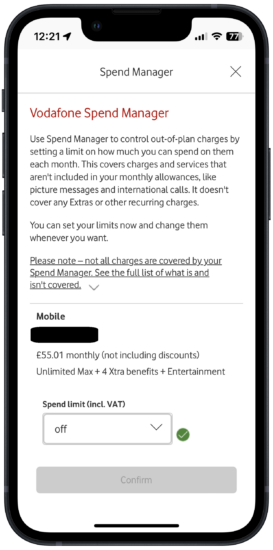 screenshot of Spend manager in the My Vodafone app running on an iPhone 13 mini