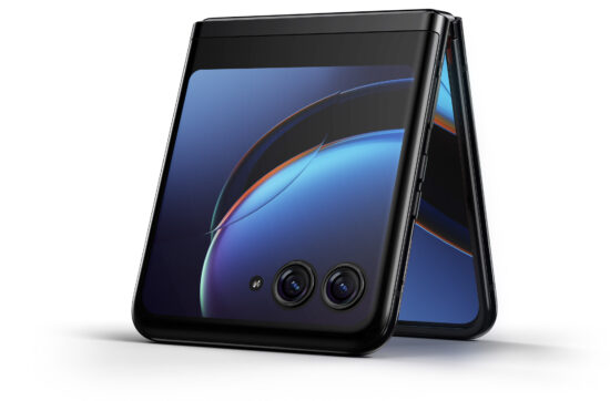 illustrative photo of the Motorola Razr 40 Ultra flippable Android smartphone positioned on its ends in 'tent' orientation