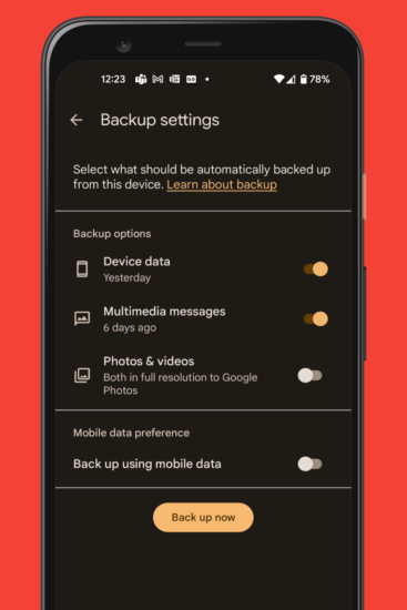 screenshot of the Google One app's backup settings running on a Google Pixel smartphone