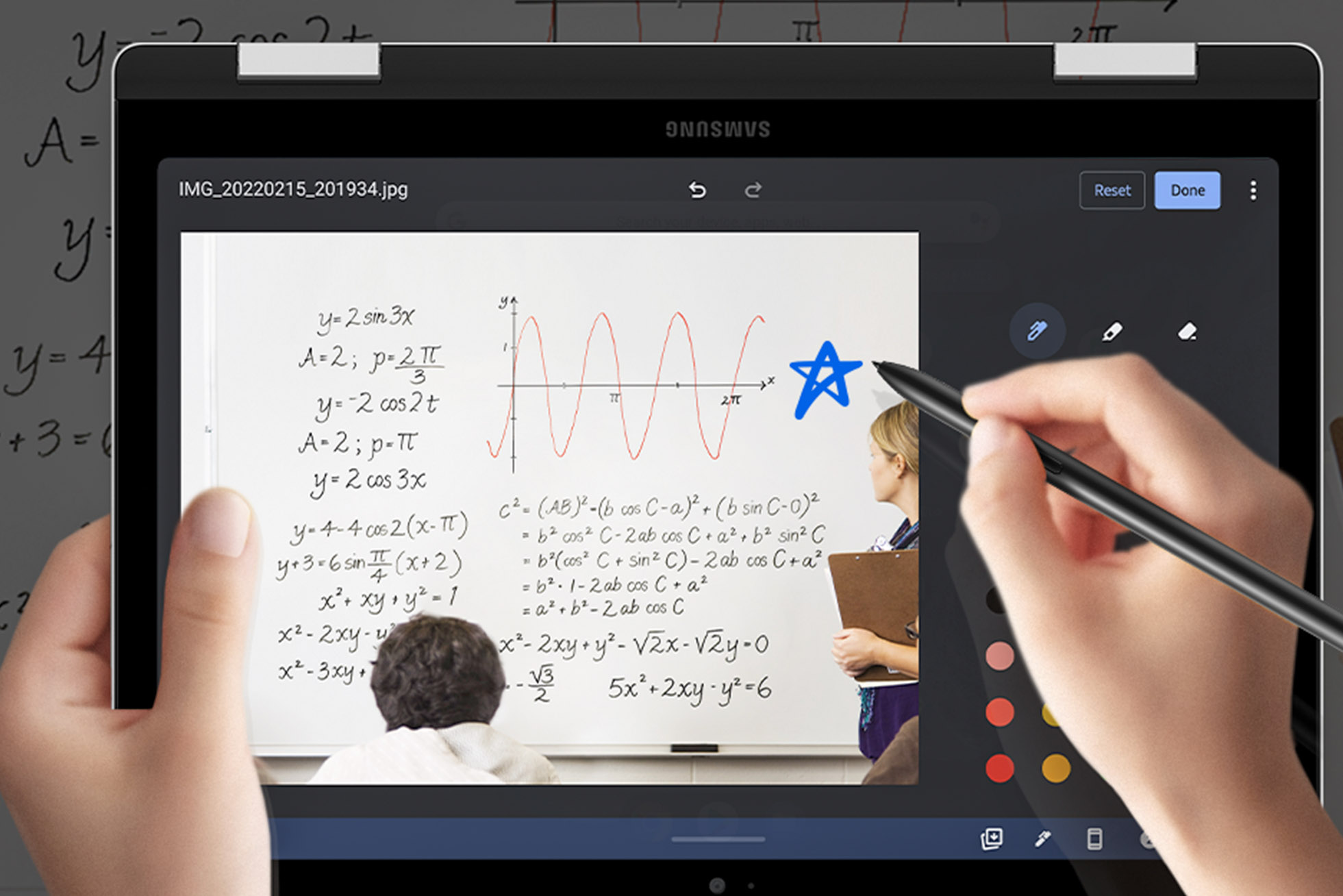 illustrative image of a Samsung Galaxy Chromebook 2 360 being used in tablet mode in an educational setting