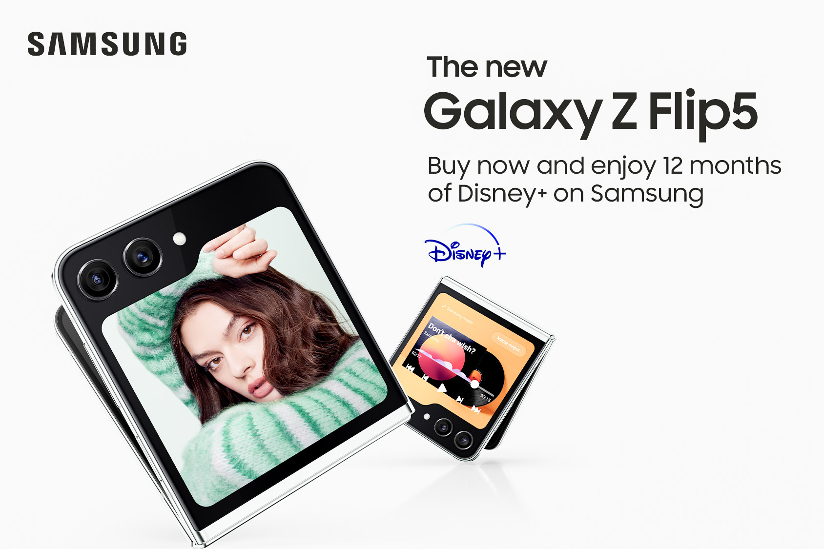 image promoting offer of 12 months of Disney+ for free when buying a Samsung Galaxy Z Flip 5 Android smartphones