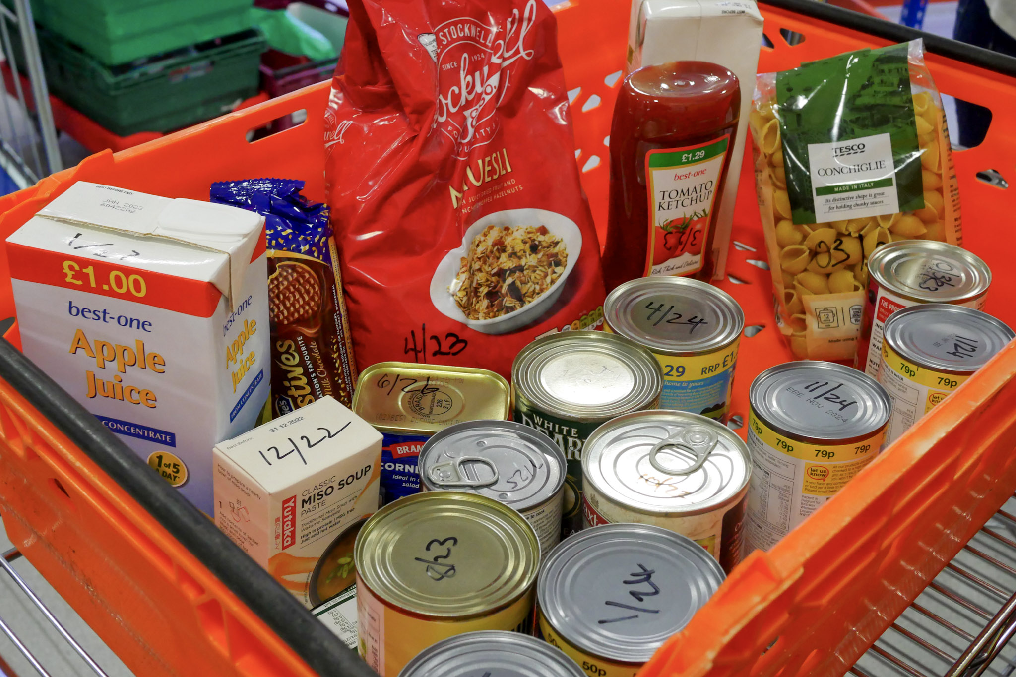 photo showing a typical food parcel to last one person for a week, taken at a Greenwich borough food bank