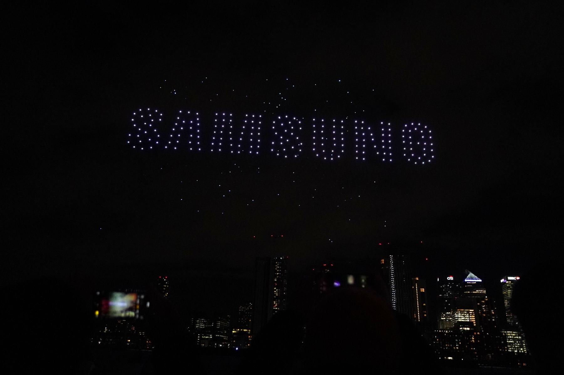 drones spelling out 'Samsung' in the skies near Canary Wharf to mark the launch of the Galaxy S24 series Android smartphones