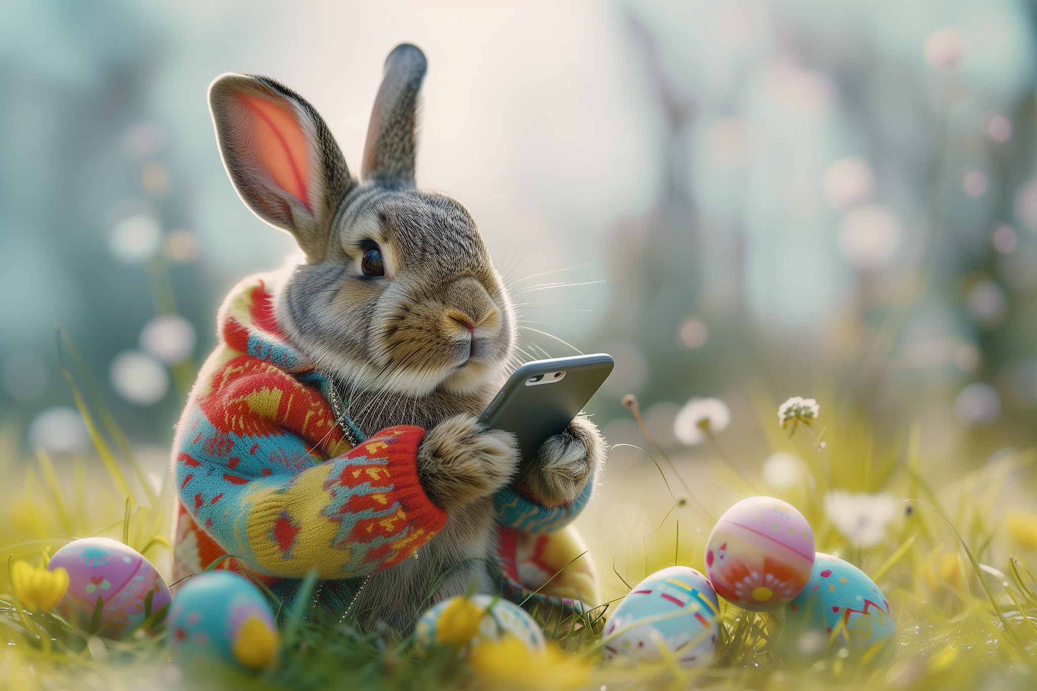 an AI-generated image of a rabbit using a smartphone while surrounded by Easter eggs
