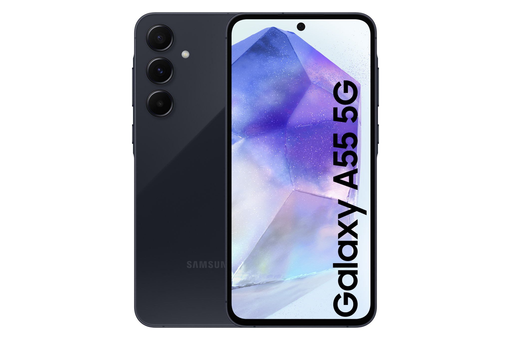 illustrative image of the Samsung Galaxy A55 smartphone from the rear and the front