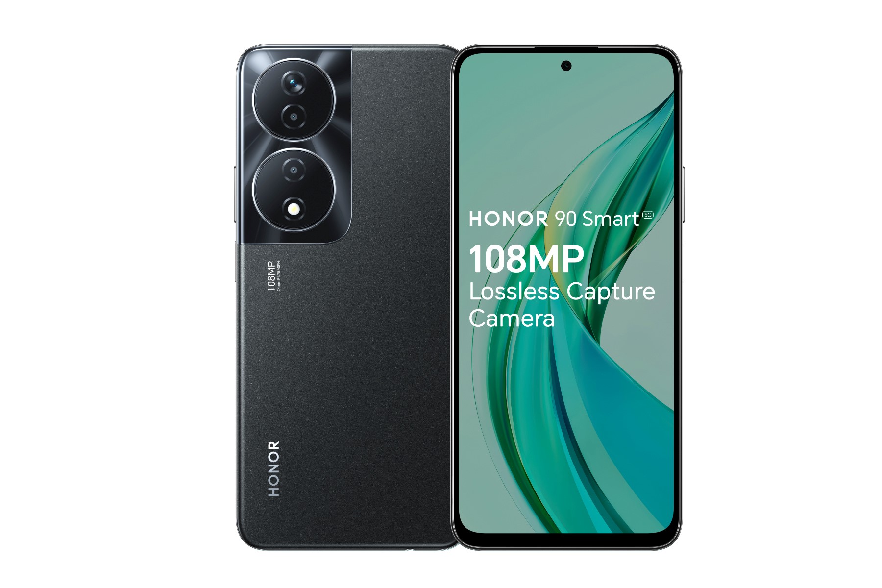 illustrative image of the Honor 90 Smart 5G smartphone from the rear and the front