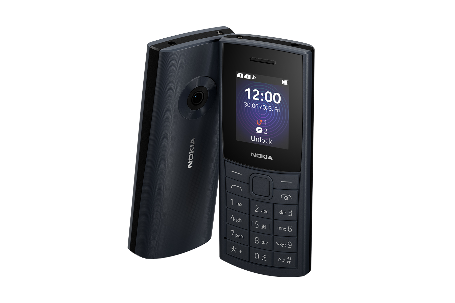 illustrative image of the Nokia 110 4G feature phone dumb phone from the rear and the front