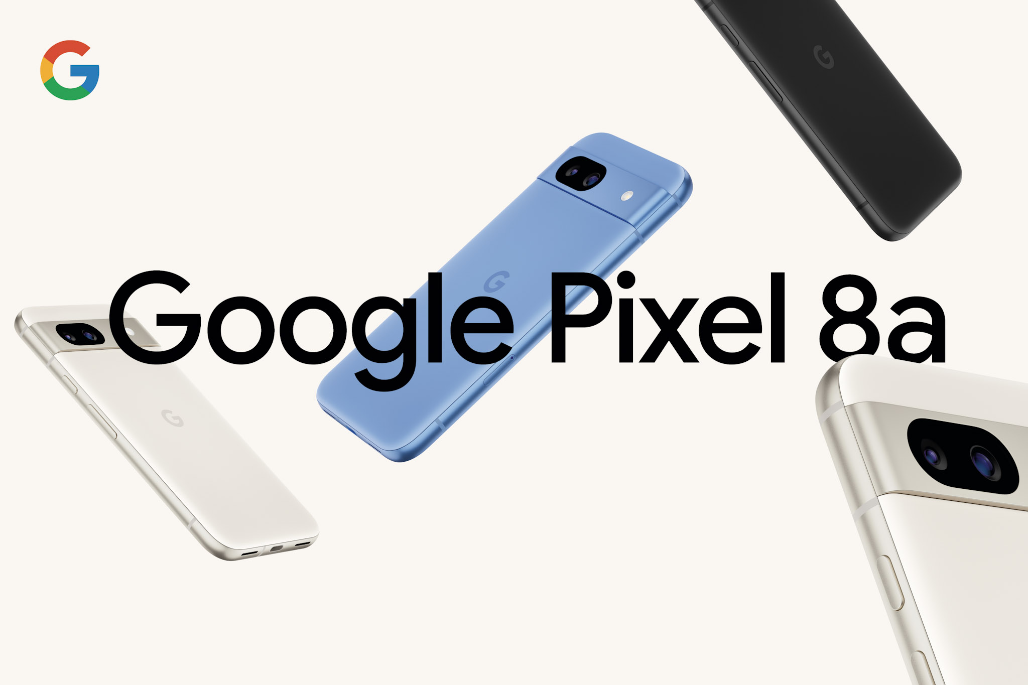 image showing the Google Pixel 8a Android smartphone in blue, white and black colour variants