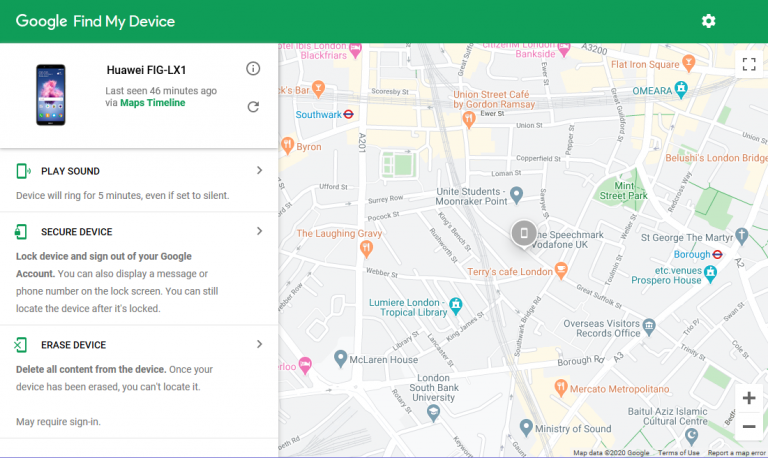 a screenshot of Google's Find My Device feature as displayed on a desktop web browser