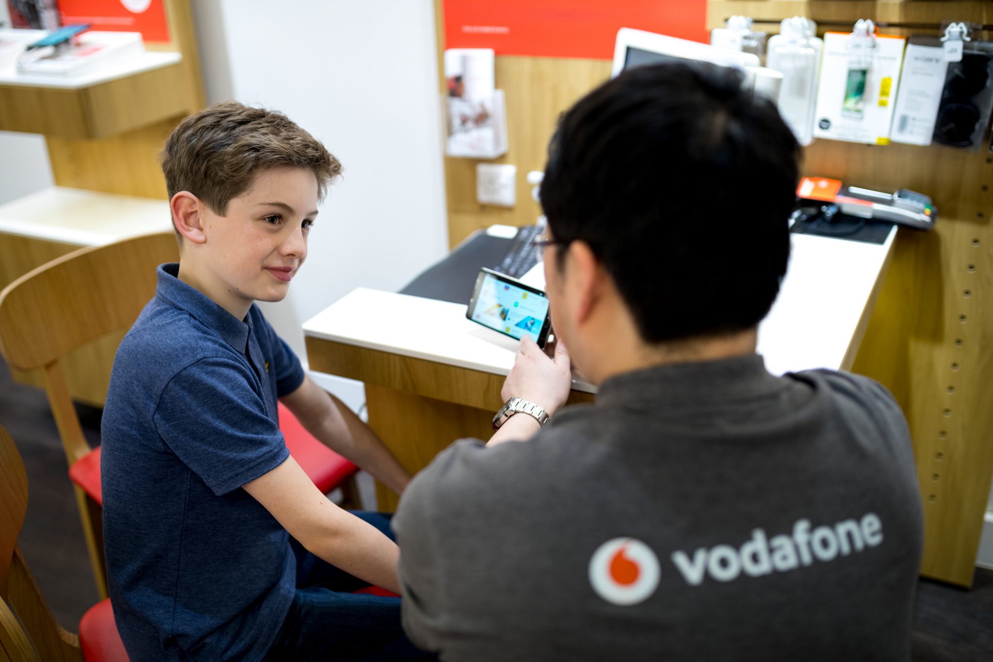 Vodafone First Phone Tutorial photoshoot at Vodafone Leamington Spa, London, UK - 13 Feb 2018.