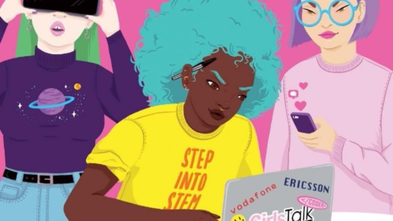 Illustration featuring a young girl in a Step into STEM T-shirt working on a laptop, a second girl using a VR headset and a third using her mobile 