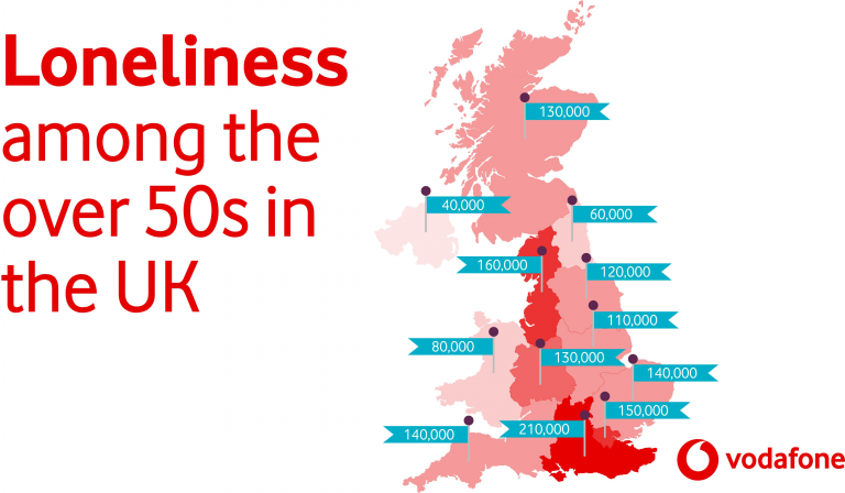 Map showing loneliness among the over 50s in the UK